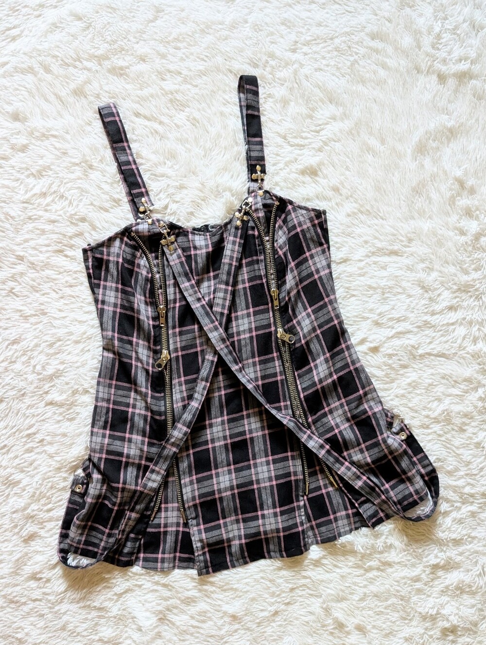 Y2K Lip Service Pink Plaid Bondage Strap Double Zip Kawaii Goth Mini Dress XXL
